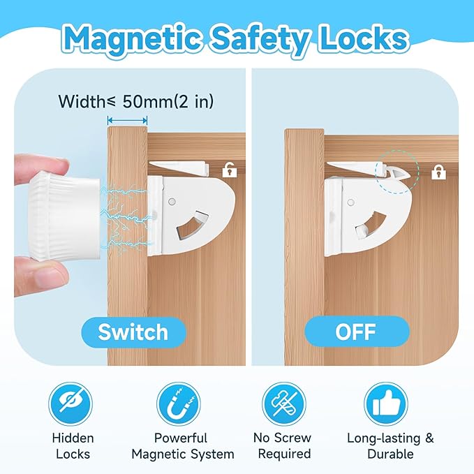 22 Pack Magnetic Cabinet Locks for Child Safety, Drawer Locks Baby Proofing, Magnetic Door Safety Locks for Cabinets and Drawers, Easy Installation No Tools Required (22 Pack and 4 Keys)-CubbioJoy