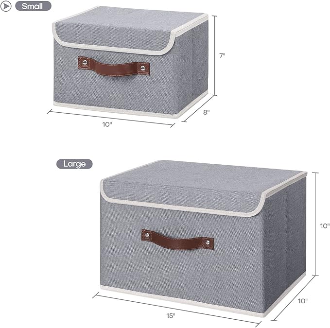 ANMINY 2PCS Storage Bins with Lid PU Leather Handles Storage Boxes PP Plastic Board Decorative Foldable Lidded Cotton Linen Fabric Home Cubes Baskets Closet Organizer Containers - Gray, Small Size-CubbioJoy