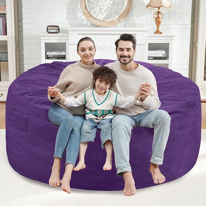 5FT Bean Bag Chair, Large Bean Bag Chairs with Memory Foam Filled, Fluffy Beanbag Sofa with Dutch Velvet Cover, Round BeanBag Chairs for Living Room, Playroom - Purple-CubbioJoy