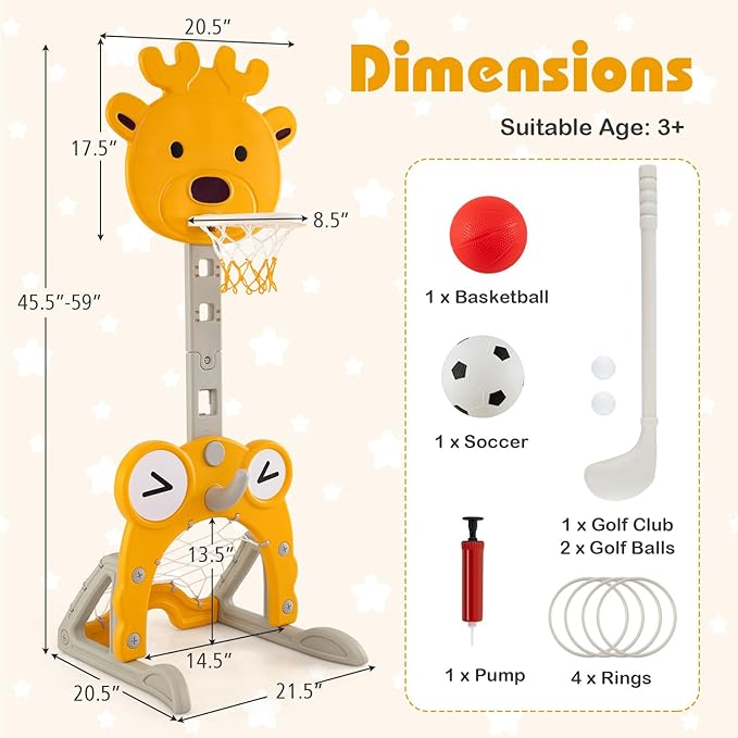 Costzon Toddler Basketball Hoop, 4-in-1 Kids Sports Activity Center with Rim, Soccer Goal, Golf, Ring Toss, Height Adjustable Kids Basketball Hoop with Fillable Base for Indoor Outdoor (Yellow Deer)-CubbioJoy