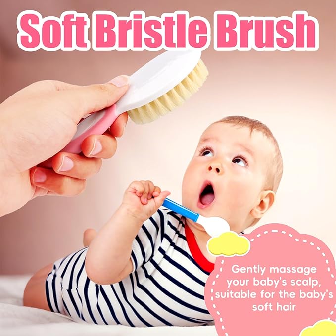 Baby Hair Brush and Comb Set, 4Pcs Baby Soft Bristles Brush Cradle Cap Brush Hair Comb for Newborns Toddlers Boys Girls (Pink)-CubbioJoy