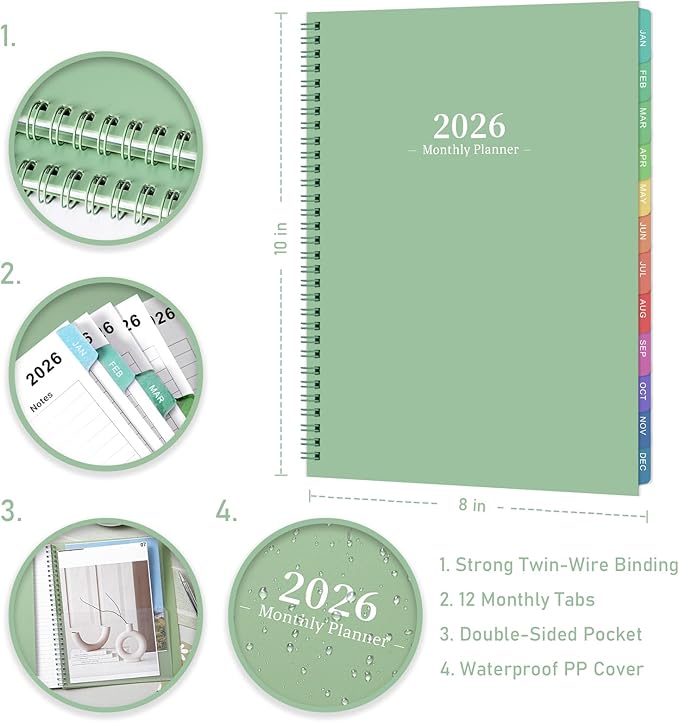 2026 Monthly Planner/Calendar - 2026 Planner, JAN 2026- DEC 2026, Planners with Colorful Tabs, Monthly Planners 2026 for Daily Organizing - Waterproof Cover (8" x10", Note Pages, Green)-CubbioJoy