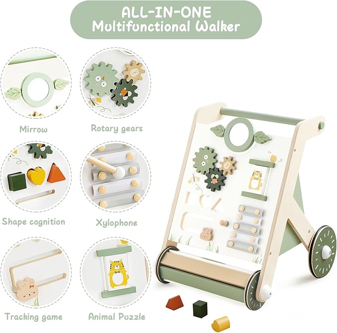 Beright Wooden Baby Walker with Roller Upgraded, Push and Pull Learning Activity Walker, Multi-Functional Kids’ Activity Toys, Develops Motor Skills & Stimulates Creativity, Green-CubbioJoy