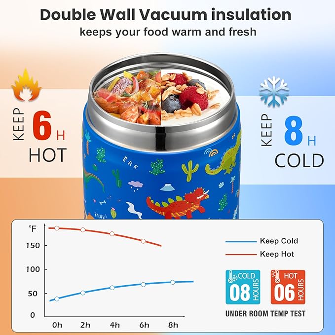17oz Soup Thermo for Hot Food Kids,Insulated Food Jar with Spoon,Thermo Hot Food Lunch Container,Wide Mouth Leakproof Stainless Steel Lunch Box for School-Dinosaur-CubbioJoy