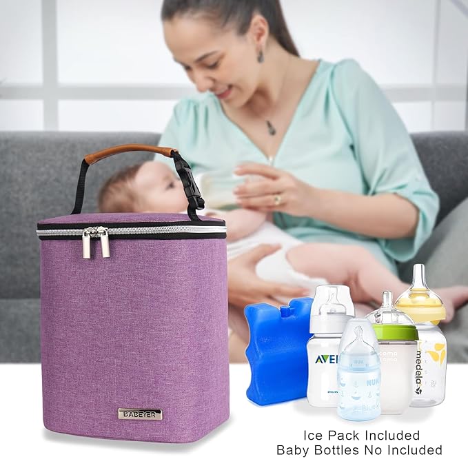 Breast Milk Cooler Bag with Ice Pack Fits 4 Baby Bottles Up to 9 Ounce, Baby Bottle Bag Great for Nursing Mom Daycare, Purple-CubbioJoy