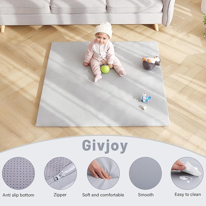 Baby Play Mat 48"x48" – Thick, Non-Slip Foam Mat for Babies and Toddlers. Foldable, Scrubbable, Odorless, and Soft, Ideal for Playpens, Crawling, and Indoor Playtime-Grey-CubbioJoy