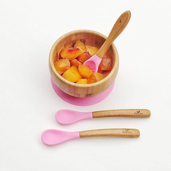 Avanchy Bamboo & Silicone Infant Training Spoons, BPA Free - Soft Tip, Easy on Gums, First Stage Feeding Utensils for Baby-Led Weaning, Self-Feeding, Magenta-CubbioJoy
