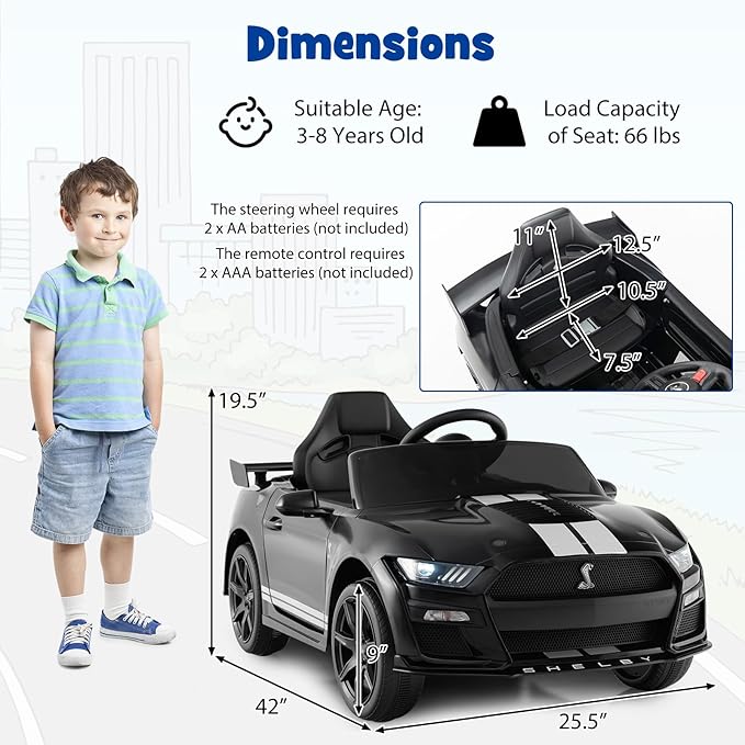 Costzon Ride on Car, 12V Licensed Ford Mustang Shelby GT500 Kids' Electric Vehicles w/Remote Control, USB Port, Radio, Music, Player, High Low Speed & Soft Start, Racing Kids Car for Toddler (Black)-CubbioJoy