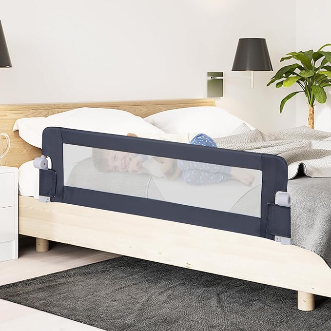 BABY JOY Double Sided Bed Rail Guard, 2 Pack, Extra Long, Swing Down for Convertible Crib, Folding Baby Safety Bedrail for Kids Twin Full Size Queen King Mattress, Rails for Toddlers (Dark Blue, 60")-CubbioJoy