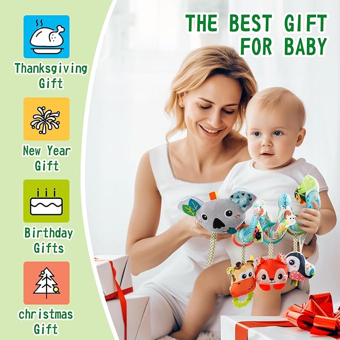Jollybaby Crib Stroller Car Seat Toys for Baby 0-3-6-9-12 Months, Tummy Time Hanging Sensory Toys for Newborn with Music Box and Teether, Spiral Carseat Toy for Infant Boys Girls Gifts (Grey)-CubbioJoy