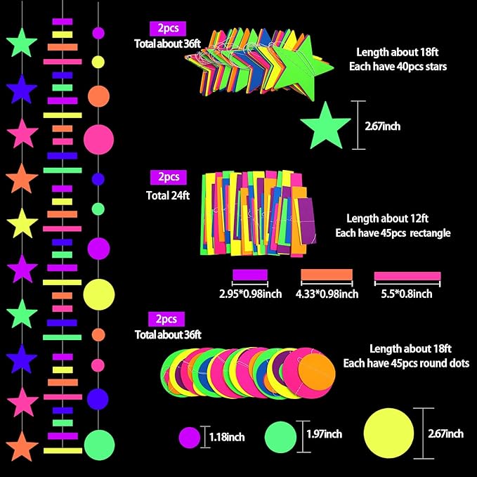 700ft Neon Paper Garland Glow in Dark Paper Streamers UV Reactive Round Dot Star Kit Banners for Neon Party Supplies, Wedding Decorations, Birthday Parties-CubbioJoy