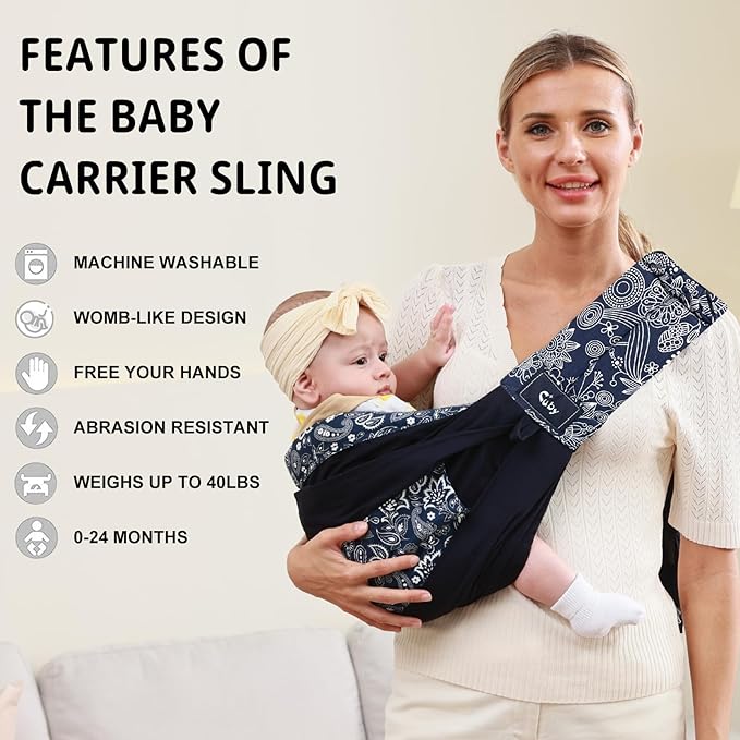 CUBY Wrap Baby Sling Carrier, Baby Wraps Sling Carrier Adjustable Breathable Lightweight Easy to Wearing - Baby Slings for Newborn Infant Toddler Front & Hip Carry Up to 40lbs (Dark Blue Floral)-CubbioJoy