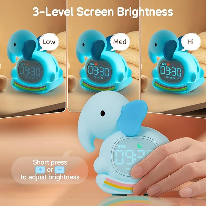 Alarm Clock for Kids with Night Light, Sleep Training Clock Time to Wake Clock, Rechargeable Silicone Light for Bedroom, Perfect Sleep Companion for Boys Girls，Blue Elephant-CubbioJoy
