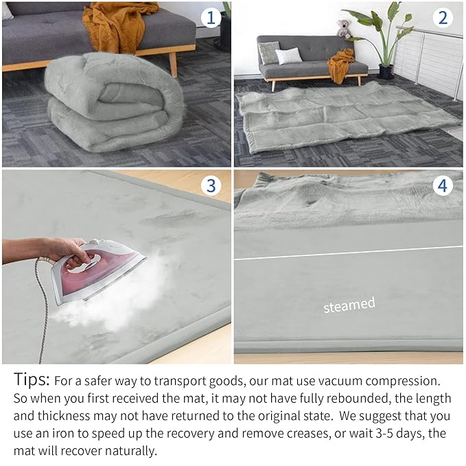 Baby Play Mat for Floor,1.3" Thick Elasti-Foam 50x50 Playpen Mat for Toddlers Infant Kids,Water-Repellent Soft Coral Velvet Tummy Time Mat,Non Slip Crawling Mat,Tatami Mat(Light Grey)-CubbioJoy