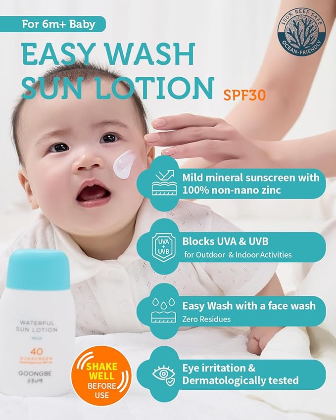 Baby Kids Easy Wash Sun Lotion SPF 30 & Cooling Gel Cream - Zinc Oxide Mineral Sunscreen & 3-Second Soothing Relief - Vegan Hypoallergenic for Sensitive Skin, 2.11oz & 3.38oz-CubbioJoy