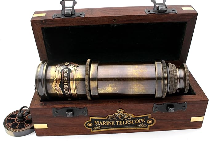 14 Inch Vintage Nautical Brass Telescope with Wood Box – Handheld Spyglass for Marine, Pirate, and Captain Use-CubbioJoy