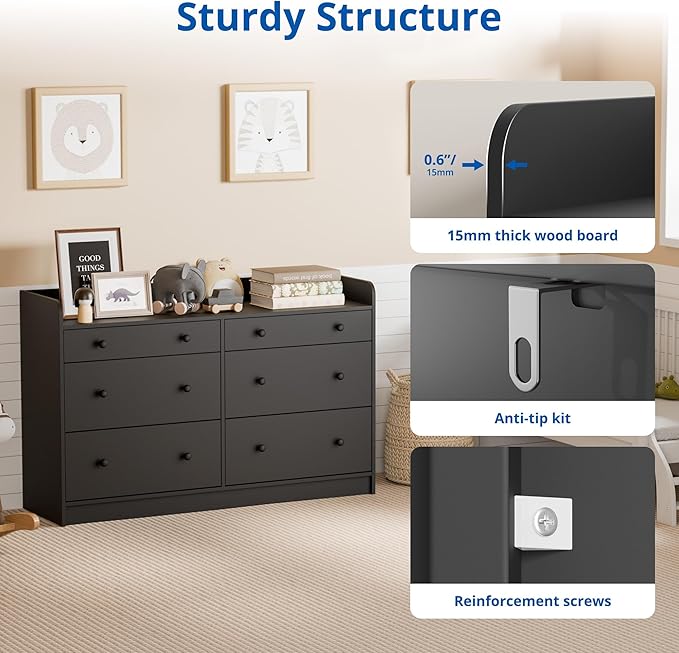 Cozy Castle Baby Dresser with 6 Drawers and Large Table Top, Multi-Functional Chest of Drawer, Drawer Dresser with Three-Sided High Rails for Nursery, Children's Room, Bedroom, Black-CubbioJoy