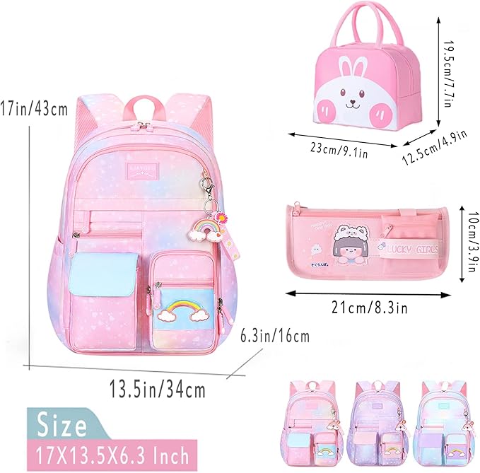 Kawaii Backpack, Pink Backpack for Girls, Kid Starry Rainbow Bookbag, Cute Backpack for Kids, Aesthetic Backpack, Pink(3 PCS Set)-CubbioJoy