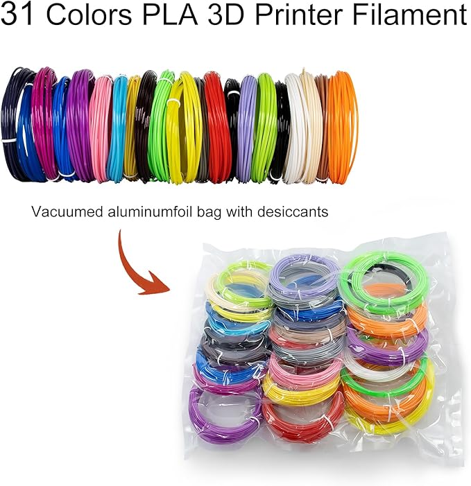 31 Colors 3D Pen Filament Refills Works with SCRIB3D PIKA3D MYNT3D 3D Pen, 16 Feet Per Color 1.75mm PLA 3D Printing Filament Refills, NOT FIT 3Doodler Start Pen-CubbioJoy