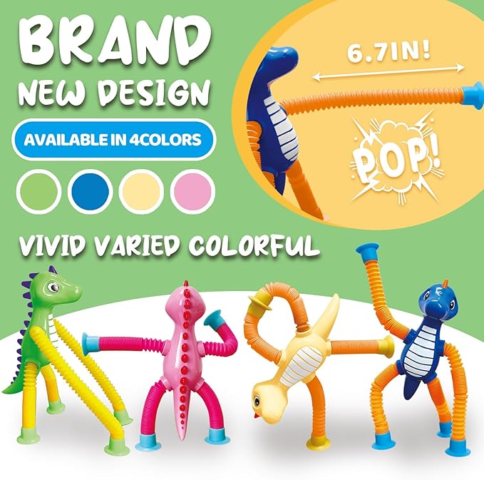 Dinosaur Pop Tubes Toys LED Light Up Mini Figures Fidget Sensory Toys Dino Telescopic Suction Cup Gift Sets, Toddler Autism Stress Relief Party Favors Prizes Stocking Stuffers for Kids 3+-CubbioJoy