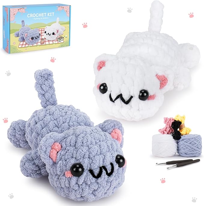 Crochet Kit for Beginners - 2PCS Kitty Crochet Kit with Step-by-Step Video Tutorials, Crochet Starter Kit for Adults and Kids, Learn to Crochet Cat, Beginner Crocheting Kit Easy Peasy Yarn-CubbioJoy