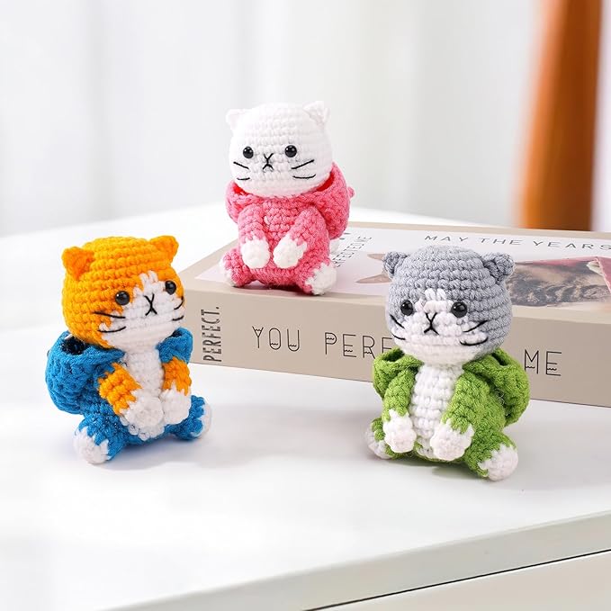 Crochet Kit for Beginners - 3 PCS Crochet Kits with Step-by-Step Video Tutorials, Beginner Crochet Kit for Adults Kid, Crochet Animal Kit for Starters, Cat Dressed as Shark Frog Strawberry-CubbioJoy