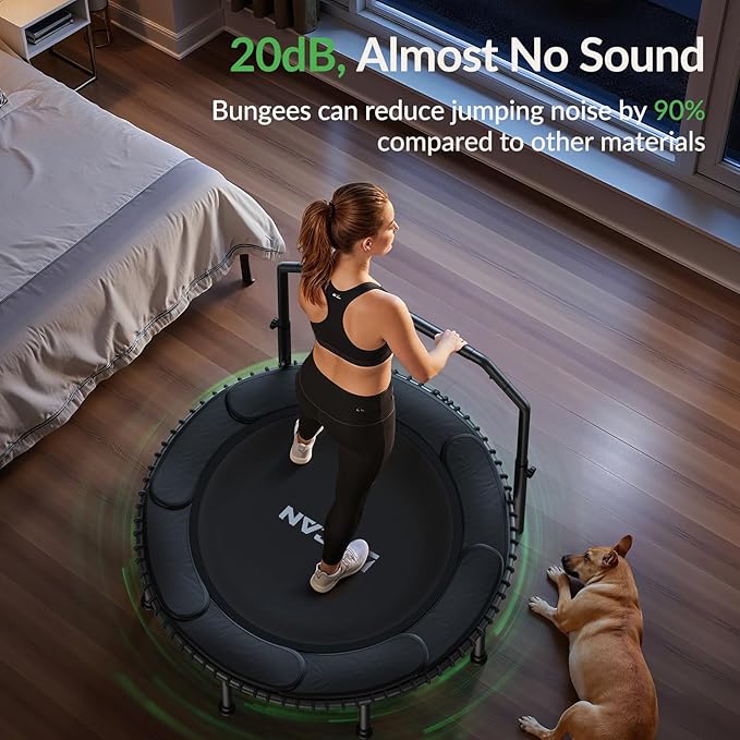 BCAN 40"/48" Mini Rebounder Trampoline for Adults with Bar, 450/550LBS Fitness Trampoline with Bungees, Adjustable Handle, Stable & Quiet, Indoor Outdoor, Whole-Body Workout & Relaxation at Home-CubbioJoy