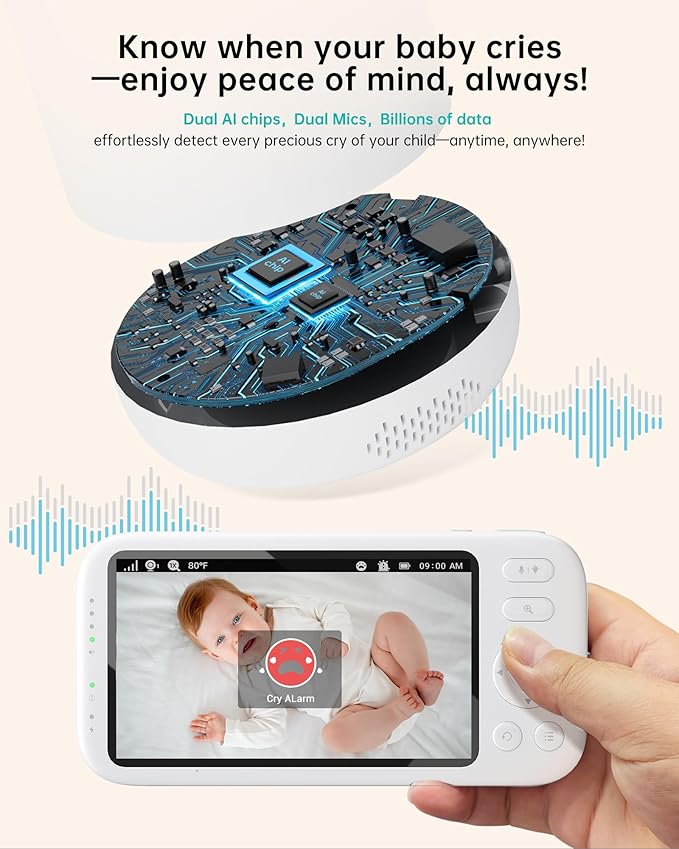 2K Video Baby Monitor with Camera and Audio, 3000ft Long Range Baby Monitor No WiFi 5.5" FHD Screen ANC Baby Camera Wireless, Feeding Clock, Night Vision, 2-Way Talk, AI Cry Detect, 6000mAh-CubbioJoy