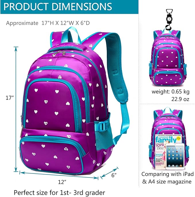 BLUEFAIRY Kids Backpack for Girls Primary Elementary School Bag Bookbag for Childs Book Bag Mochilas Escolares para Niñas de 4-6 Back to School Cute Gifts 17" Heart Print/Purple-CubbioJoy