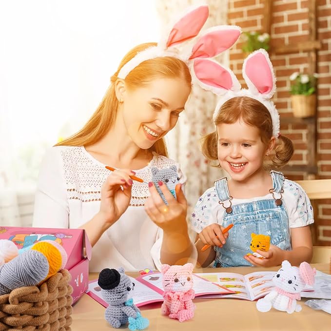 Crochet Kit for Beginners - Cat Crochet Kit with Step-by-Step Video Tutorials, Learn to Crochet Kits for Adults and Kids, 4 PCS Crochet Animals Cat with Hat, Toy, Fish Crocheting Set-CubbioJoy