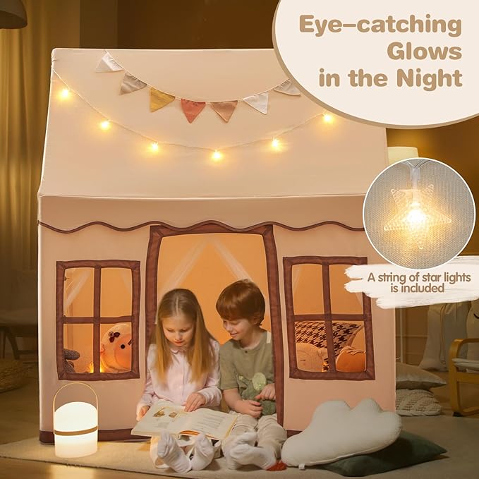 INFANS Kids Play Tent with Washable Mat Star Light Windows, Anti-Trip Large Playhouse Toys for Children Boys Girls, Indoor Outdoor Princess Tents Castle for Toddlers (Beige)-CubbioJoy