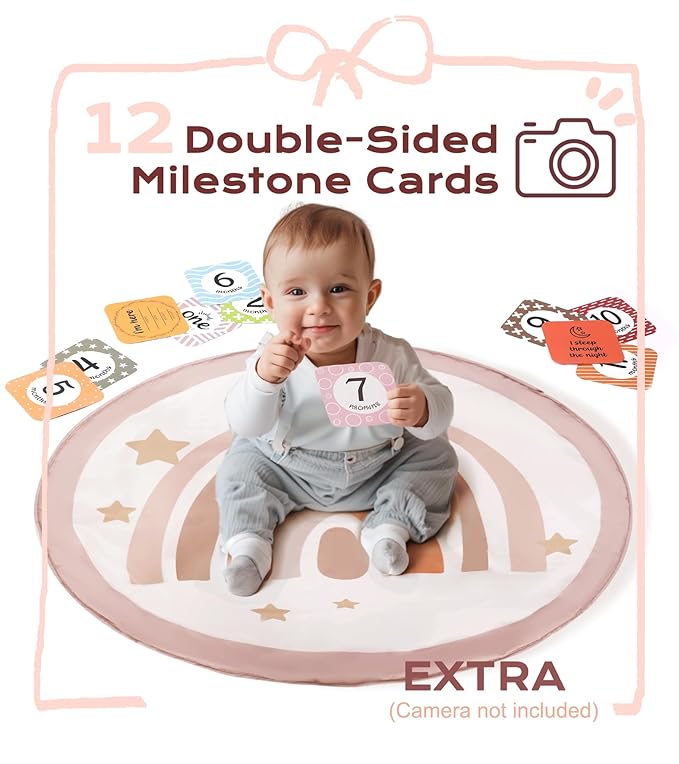 Baby Play Gym Mat, Tummy Time Activity Mat with 7 Detachable Toys and 12 Milestone Cards for Stage-Based Sensory and Motor Skill Development, Washable Play Mats for Infant, Newborn Baby Essentials-CubbioJoy