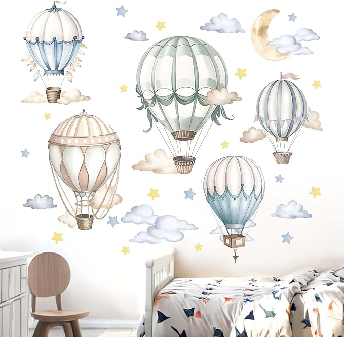 Baby Balloon Wall Stickers for Nursery: Kids Boys Girls Bedroom Wall Decals - Hot Air Balloon Stars Cloud-CubbioJoy