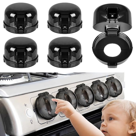 5-Pack Stove Knob Covers for Child Safety - Universal Size Gas Stove Knob Covers with Adhesive, Heat-Resistant Baby Proof Stove Knob Covers, Dual-Key Oven Knob Covers for Child Safety and Pet (Black)-CubbioJoy