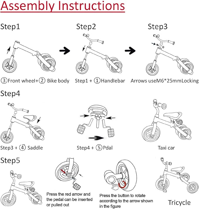Ancaixin 3 in 1 Toddler Tricycles for 2-5 Years Old Boys and Girls with Detachable Pedal and Bell | Foldable Baby Balance Bike Riding Toys for Kids | Infant Birthday New Year Red-CubbioJoy