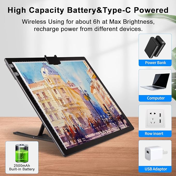 A3 Light Pad, Elice Tracing Light Box 3 Colors Mode Stepless Dimmable and 6 Levels of Brightness Light Copy Pad, Wireless Rechargeable Led Light Board for Weeding Vinyl Diamond Painting Sketching-CubbioJoy