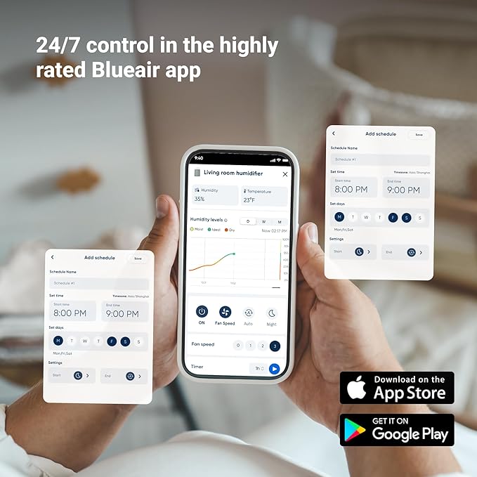 BLUEAIR Premium Smart Humidifier for Large Rooms, Bedrooms, Better Sleep with Evaporative Invisible Mist Tech, Auto Humidify, Easy Top Fill, Smart Control with App, Touchscreen, 3.5L Tank for 48 hours-CubbioJoy