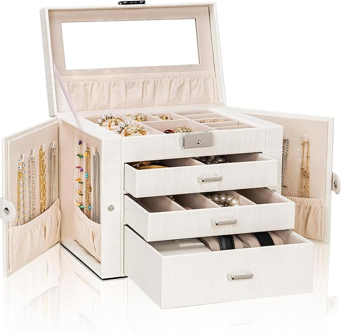 AKOZLIN 4-Tier Jewelry Box Lockable Leather Jewelry Storage Case Organizer with 3 Drawers for Women Girls Ring Necklace Earring Bracelet Watches Holder with Mirror-CubbioJoy