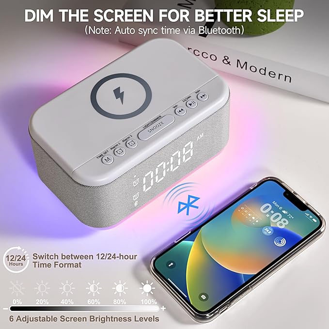 Alarm Clock Speaker Wireless Charger, Digital Alarm Clocks Bedrooms Bluetooth, Alarm Clock Dimmable Light Bedrooms Dual Alarm Snooze Dimmer 12 24H RGB Night Light Bluetooth USB AUX, Gray-CubbioJoy