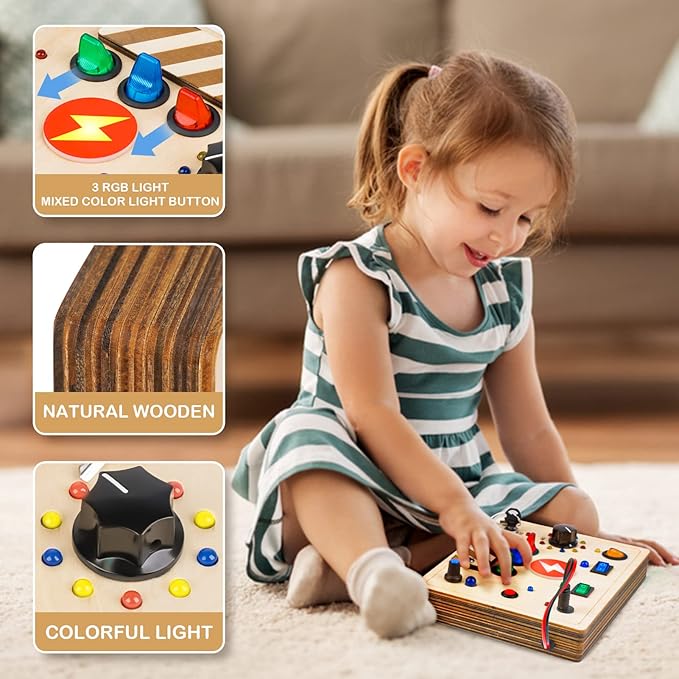 Joyreal Montessori Busy Board Wooden Sensory Toys for Toddler with LED Light Up Switch, Baby Fidget Board Travel Toys for 18+ Months, 1 2 3 Year Old Boys Girls Toddler Toy Gifts (Mixed Lights)-CubbioJoy