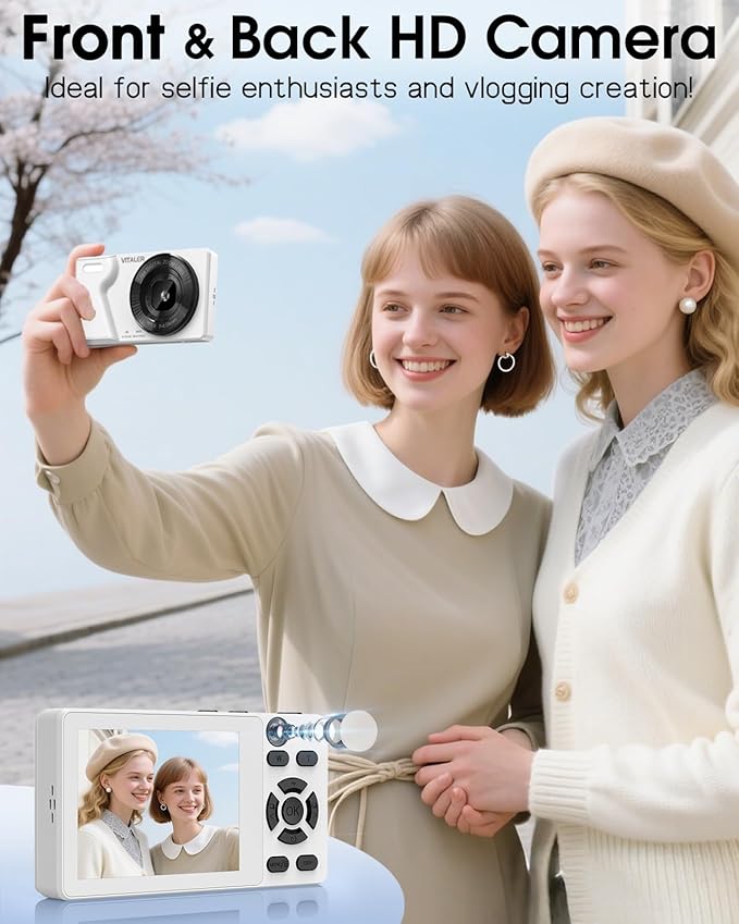 Digital Camera with Front Rear Lens, Autofocus 64MP 4K Camera for Photography with 32GB Card, Portable Compact Point and Shoot Camera for Teens Adult Beginner with Metal Shell, 2000mAh Battery-CubbioJoy