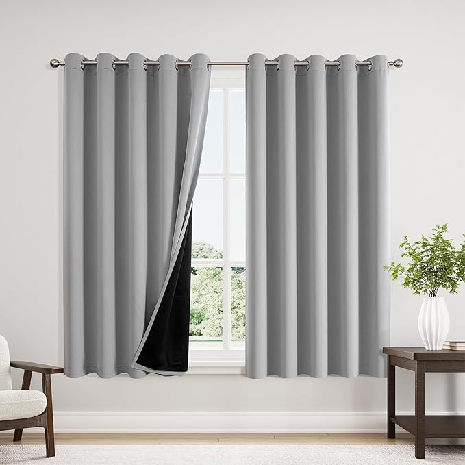 ChrisDowa 100% Blackout Curtains 63 inch Long for Bedroom with Black Liner, Extra Wide 2 Thick Layers Total Blackout Thermal Insulated Grommet Window Curtains 2 Panels Set (Light Grey, 60 x 63 Inch)-CubbioJoy