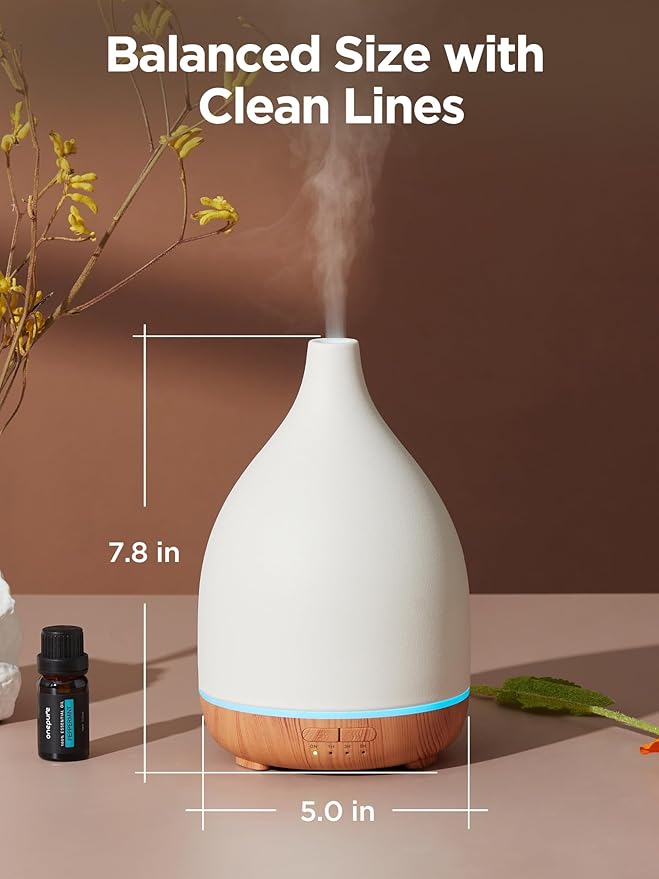 InnoGear Oil Diffuser, 300ML Ceramic Diffuser for Essential Oils Handcrafted Aromatherapy Diffuser Ultrasonic Cool Mist Humidifier with 4 Timers Waterless Auto Off for Room Office, White-CubbioJoy