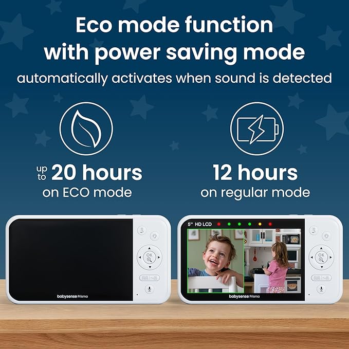 Babysense Prisma Baby Monitor with Camera and Audio, 5” HD Video Baby Monitor, 6-Color Night Light, Split Screen, Baby Sound Machine with White Noise & Lullabies, Secure No WiFi-CubbioJoy
