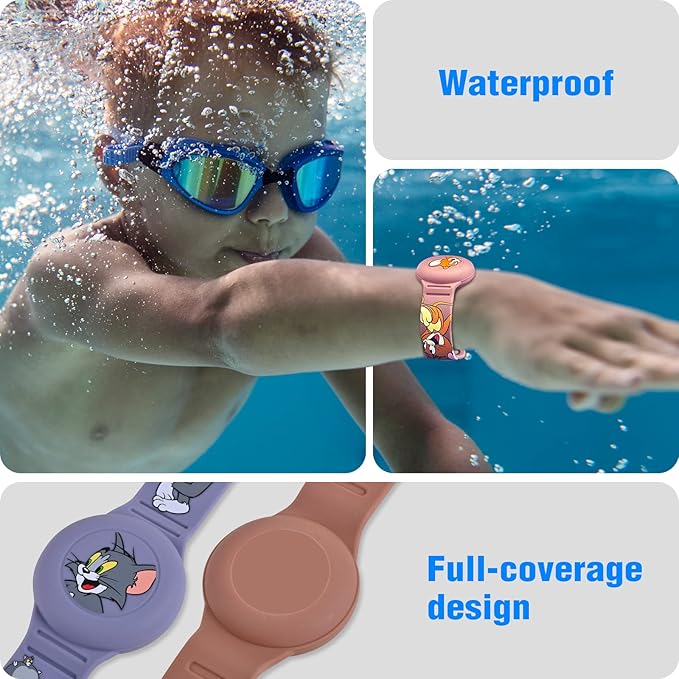 2 Pack AirTag Bracelet for Kids, Waterproof Cute Cartoon Air tag Holder for Kids with Watch Band Design, Full Coverage Silicone Airtag Hidden Accessories for Child, Healthy Material Brown + Grey-CubbioJoy