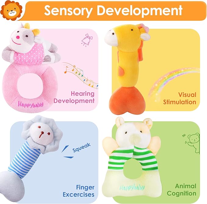 iPlay, iLearn Baby Toys 3 6 12 Month Newborn Gift, Infant Soft Jungle Stuffed Animal Rattle Plush Barn, First Birthday Basket Shower Stuffer, Boy Girl Sensory Hand Development Toy 2 4 7 9M 1 Yr-Jungle-CubbioJoy