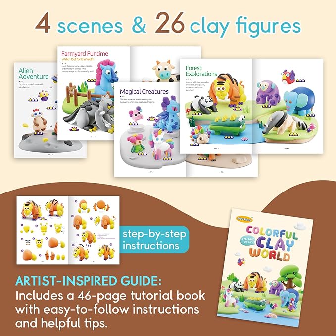 Drama Planet Air Dry Clay Kit for Kids - Comes with Instructional Guide Featuring 4 Scenes & 26 Projects Tutorials, 18 Cans of Modeling Clay, Includes Display Stand, Gift for Girls and Boys-CubbioJoy