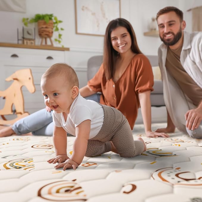 Boho Rainbow Baby Play Mat 50" X 50" Playpen Mat Thicken One-Piece Baby Crawling Mat Non-Slip Cushioned Baby Floor Mat with Lettters, Activity Playmats for Infants, Babies, Toddlers (50X50,Beige)-CubbioJoy
