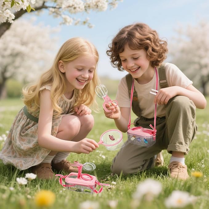 2 Set Bug Catcher for Kids- Educational Bug Catching Kit Including Butterfly Net, Insect Clip, Tweezer, Outdoor Toys for Kids Ages 3-10 (Pink)-CubbioJoy