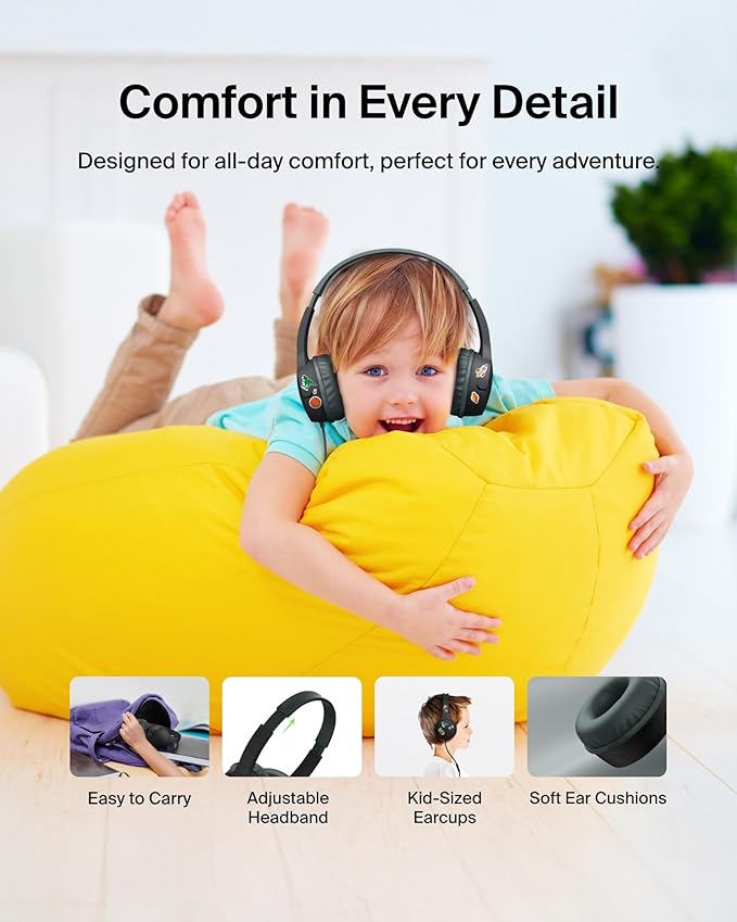 Belkin SoundForm Mini Kids Wired Headphones w/USB C to 3.5mm Dongle, Built-in Mic & Fun Stickers, 85dB Max Volume – for Online Learning, Travel, Compatible w/iPhone 16, iPad, Galaxy S25, etc - Black-CubbioJoy